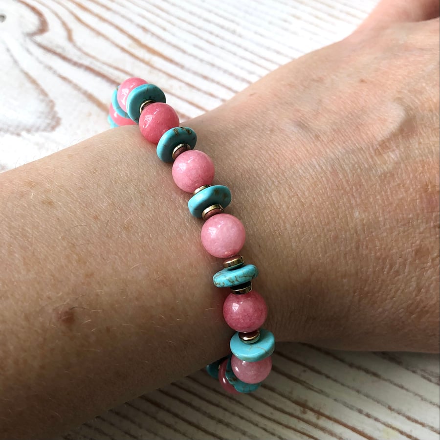 Gemstone Beaded Stretch Bracelet, Pink Rhodochrosite & Real Turquoise Bracelet