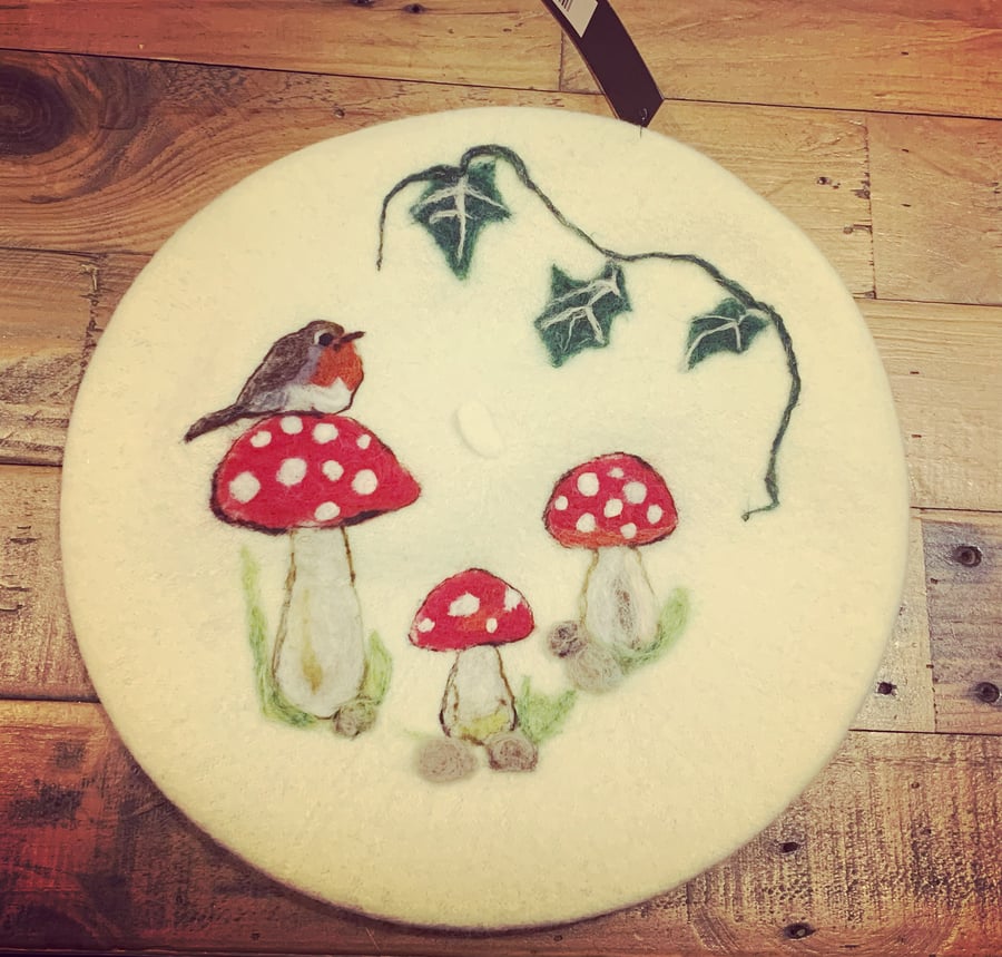 Handmade needle felted Robin Toadstool wool beret hat 