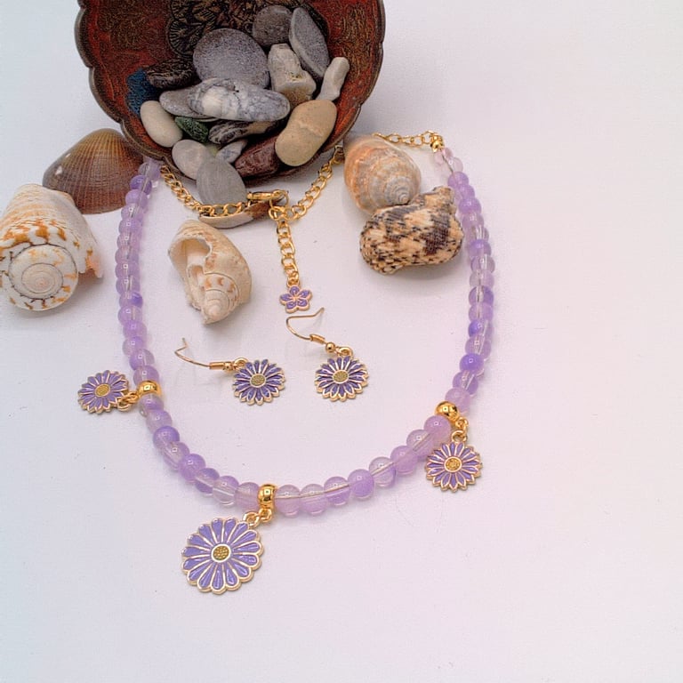 Jewellery Set with Lilac Glass Bead, Gold Plated Chain and Lilac  Daisy Charms