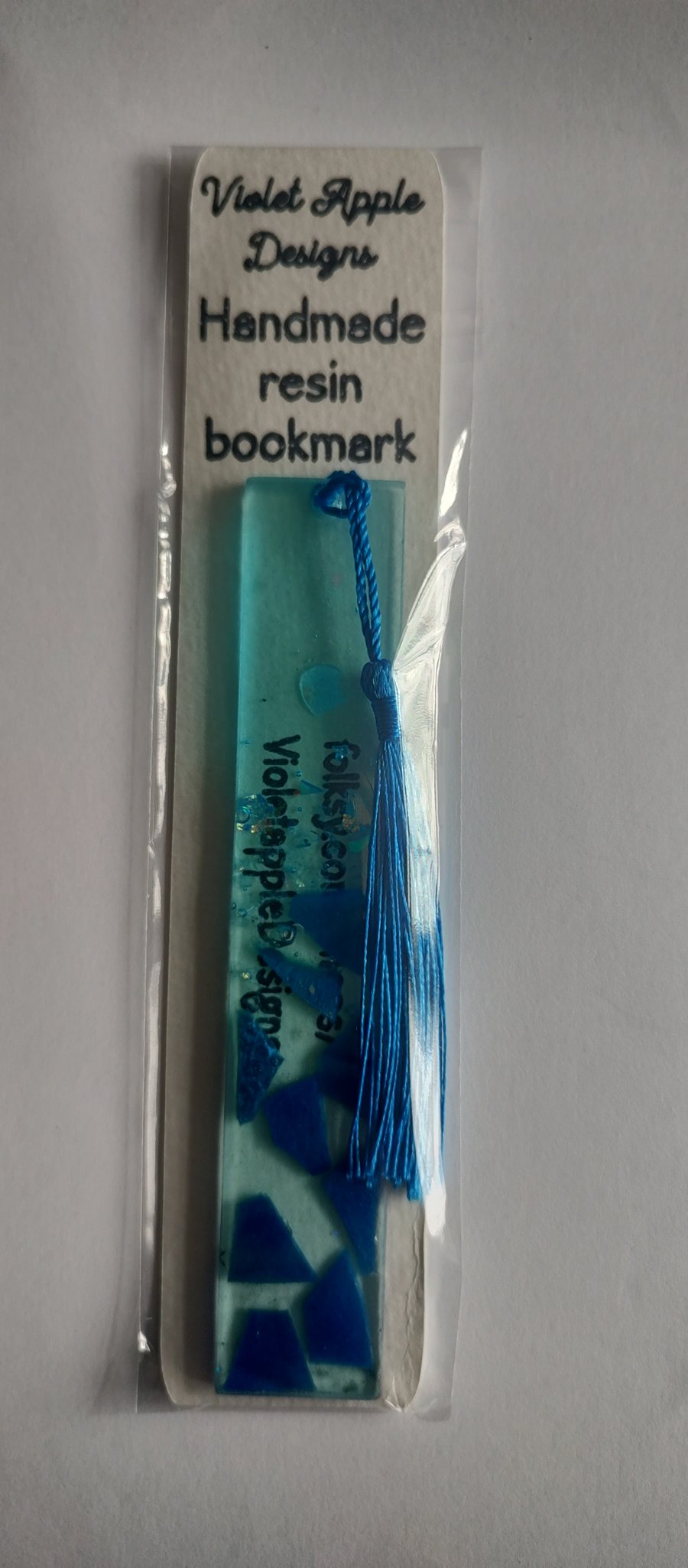 Handmade resin bookmark with mosiac pieces in blue