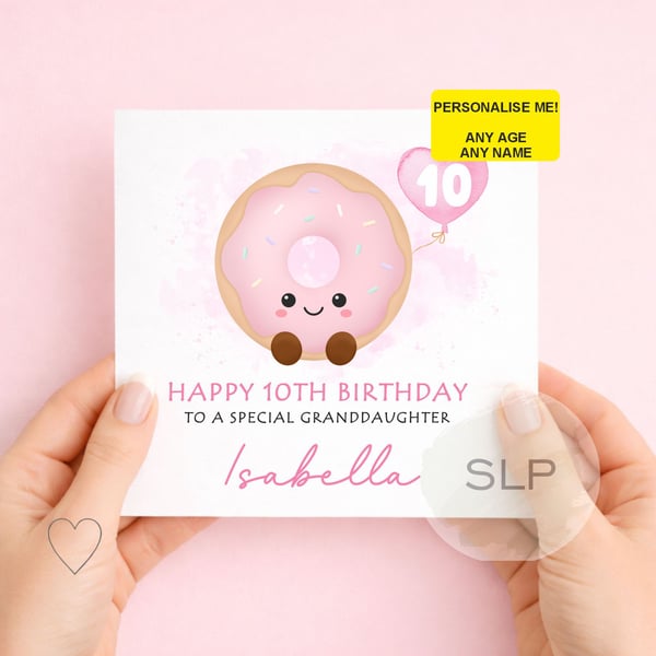 Personalised Girls Birthday Card Cute Donut Cake Card Custom Age & Name