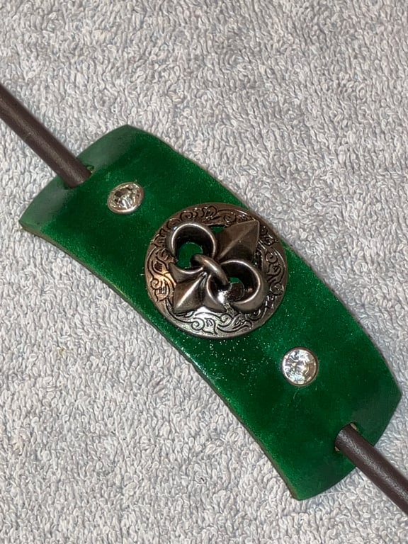 Dyed Green Leather Hair Stick Barrette - Fleur de Lis & 2 White Gemstones