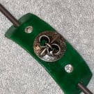 Dyed Green Leather Hair Stick Barrette - Fleur de Lis & 2 White Gemstones