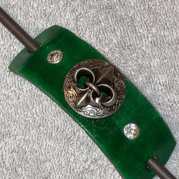Dyed Green Leather Hair Stick Barrette - Fleur de Lis & 2 White Gemstones