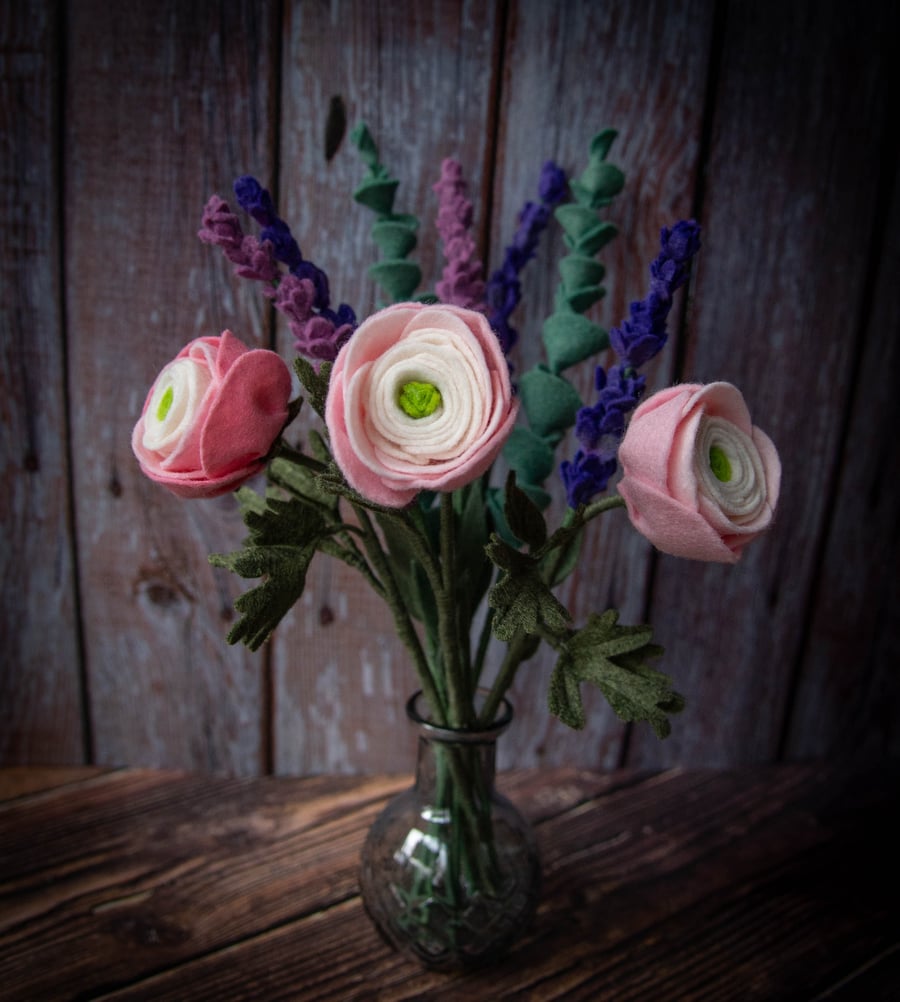 Evening Garden - Ranunculuses, lavender and eucalyptus felt flower bouquet