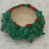 Ceramic Hand Painted Christmas Holly Leaves Candle Tealight Holder Decoration.