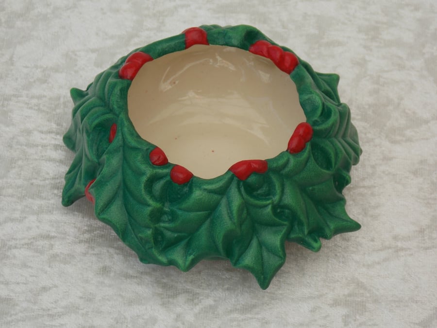 Ceramic Hand Painted Christmas Holly Leaves Candle Tealight Holder Decoration.
