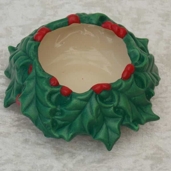Ceramic Hand Painted Christmas Holly Leaves Candle Tealight Holder Decoration.