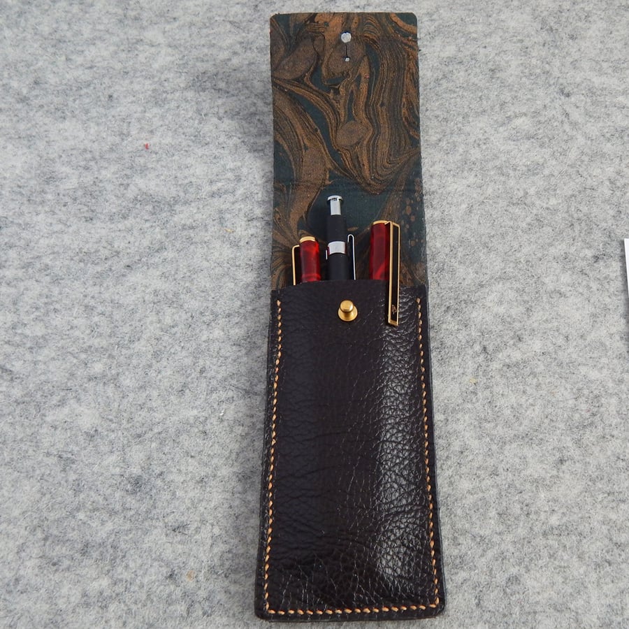 Leather Pen Case. Chocolate Leather with hand marbled fabric lining. Luxury Gift
