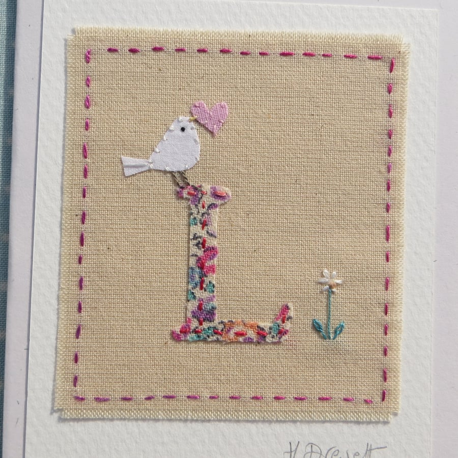 Sweet little letter L card, hand stitched new baby, Christening, 1st birthday ..
