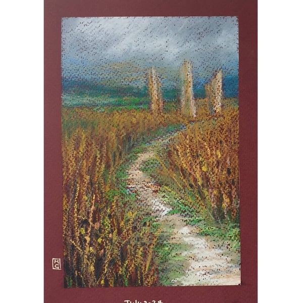 Machrie Moor Standing Stones, Arran, Scotland - Original oil pastel painting