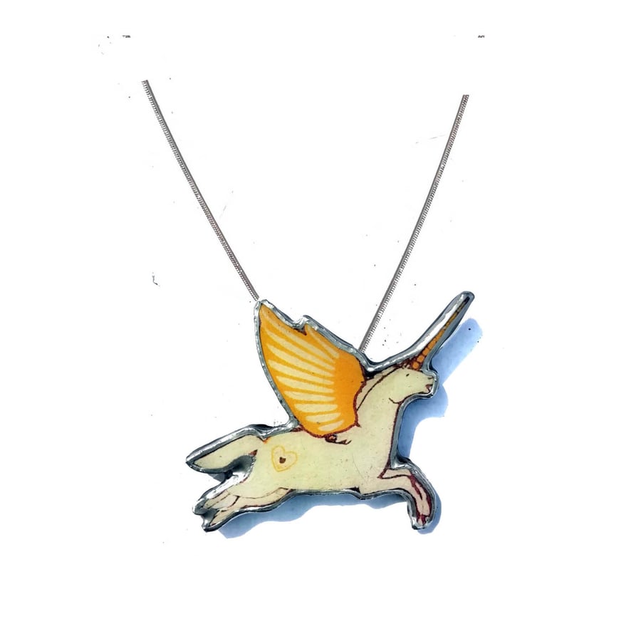 Whimsical Yellow winged Unicorn Kitsch Resin Necklace by Ellymental 