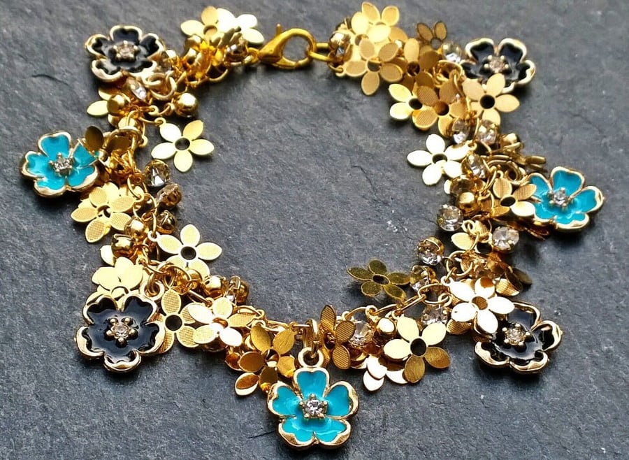 Gold Flowers Bracelet with Cherry Blossom Charms. Shaggy Boho Hippie Bracelet
