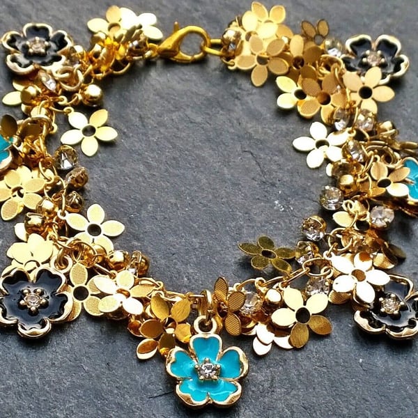 Gold Flowers Bracelet with Cherry Blossom Charms. Shaggy Boho Hippie Bracelet