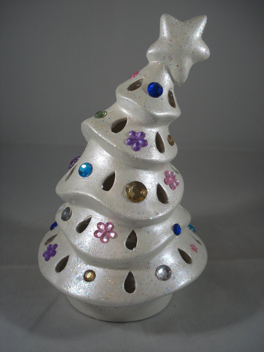 White Glittery Ceramic Xmas Christmas Tree Candle Tea Light Holder Decoration.  