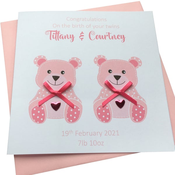 Personalised New Baby Girls Twins Teddy Handmade Card