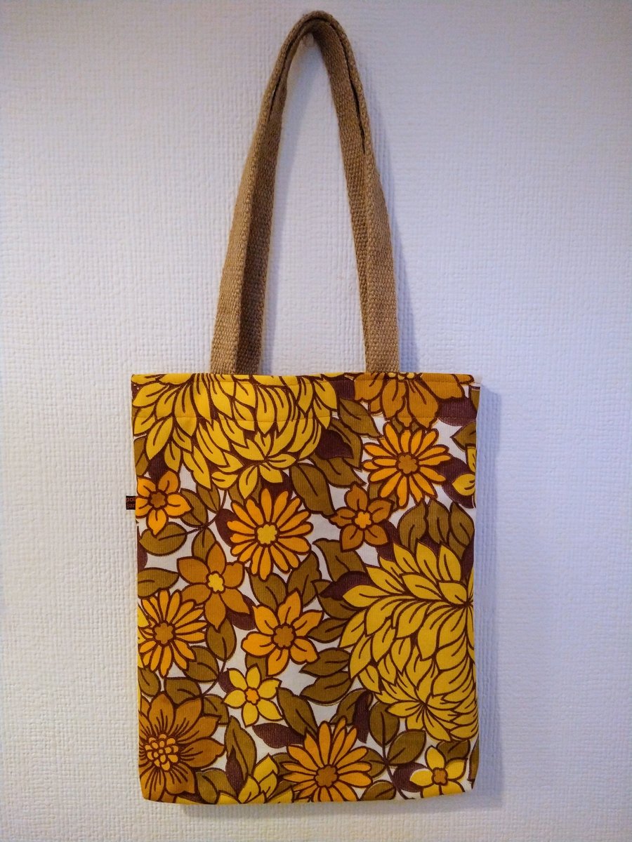 Handmade Tote Bag Vintage 70s Fabric Orange Brown Yellow Flowers 
