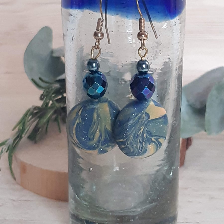 Handmade disc shaped dangly earrings - navy and mustard