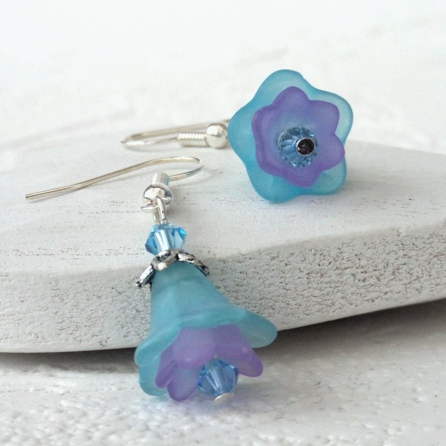Blue and purple flower earrings, summer earrings