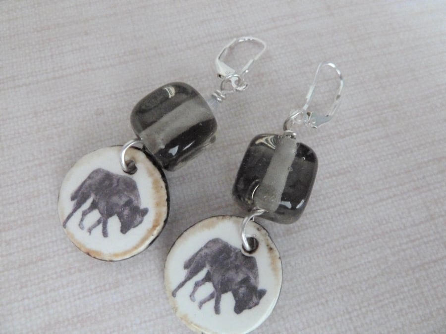 black wolf ceramic, sterling silver and lampwork earrings