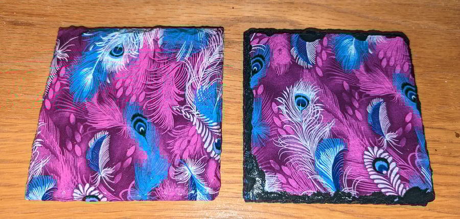 Peacock Feather Design Purple Pink Blue Slate Coaster