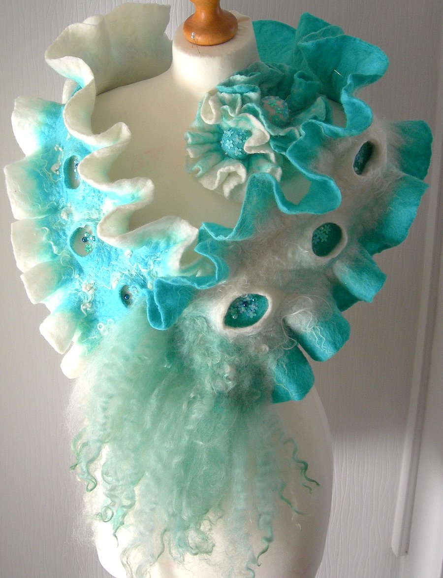 Wool Jewelry felted  SCARF-100% WOOL MERINO-Waterfall-