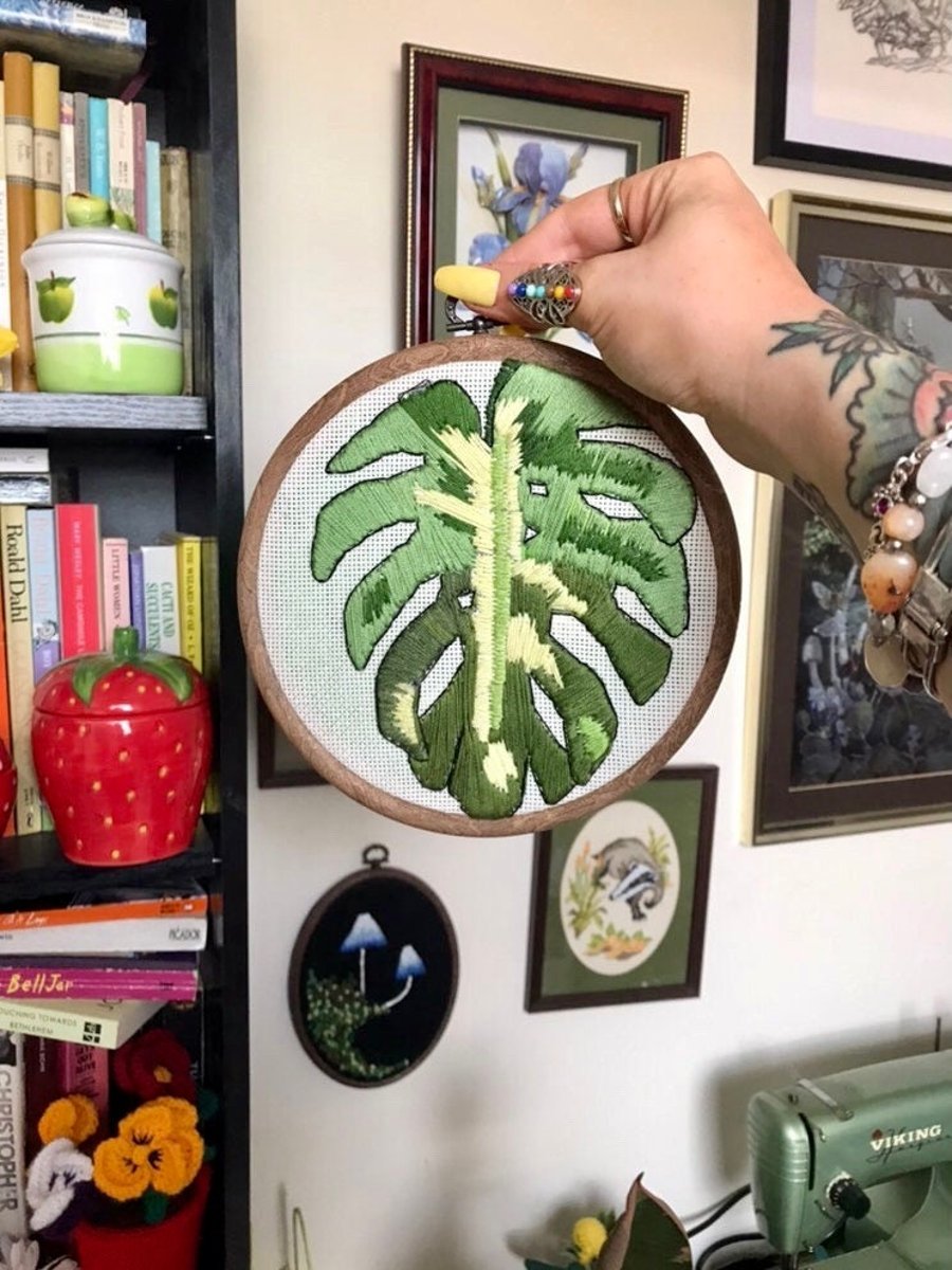 Vibrant Monstera plant hand embroidery wall hanging