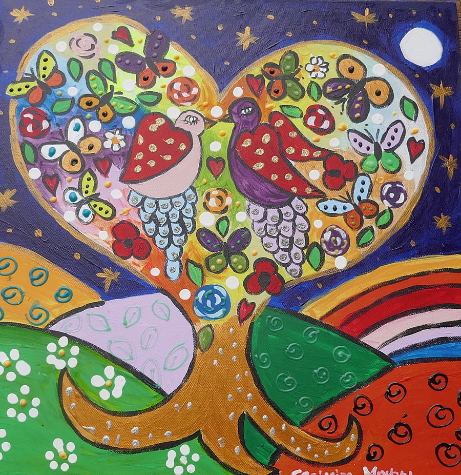  painting  20" x 20" Quirky Love Birds on a Heart Shaped Tree full of Flowers