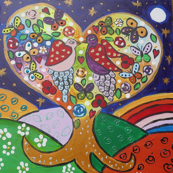 painting  20" x 20" Quirky Love Birds on a Heart Shaped Tree full of Flowers