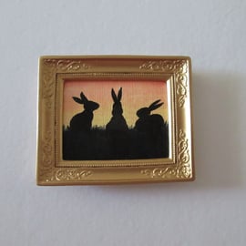 Doll House Miniature Original Painting Framed with Bunny Silhouette Rabbit 