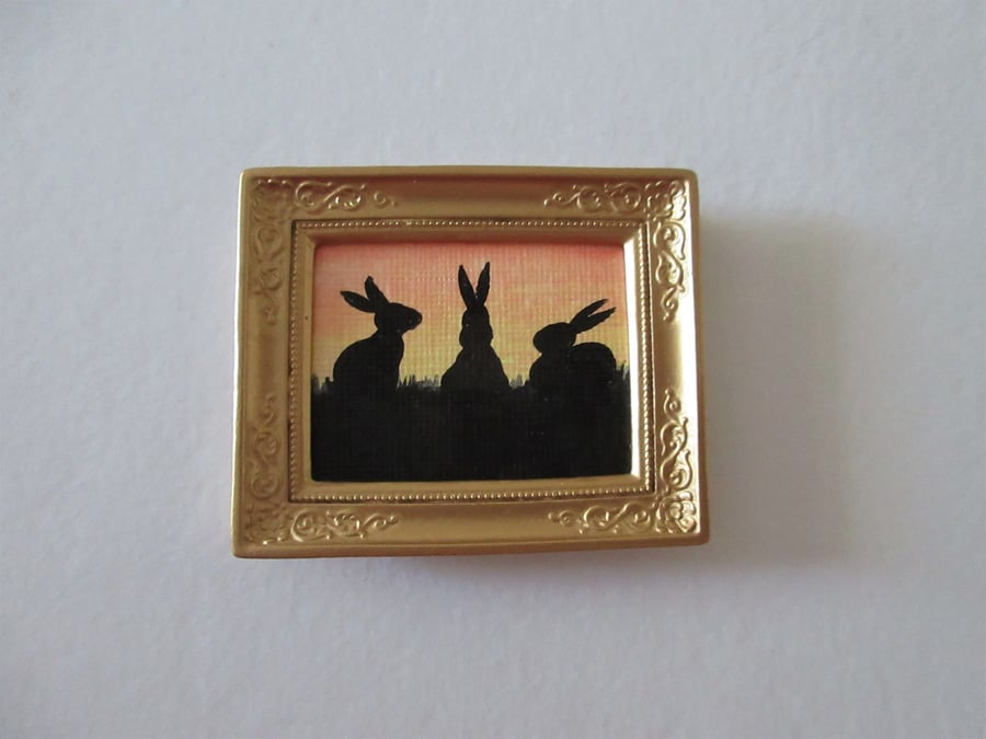 Doll House Miniature Original Painting Framed with Bunny Silhouette Rabbit 