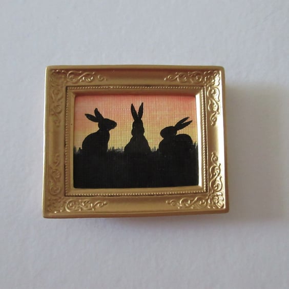 Doll House Miniature Original Painting Framed with Bunny Silhouette Rabbit 