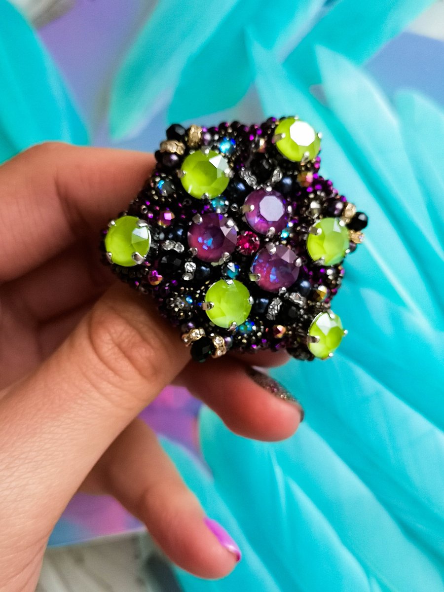Swarovski crystal embellished beaded multicolor black, purple and green brooch
