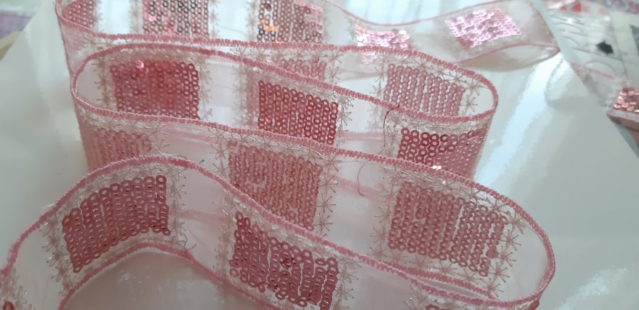 1 metre pink sequinned trim, pink organza ribbon, sequinned ribbon