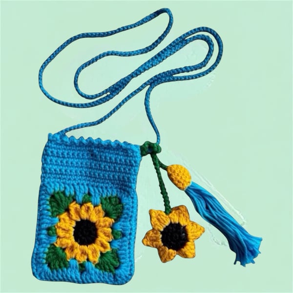"Sunny Days" Hand-Crocheted Sunflower Bag with Tassels – Unique Floral Gift.