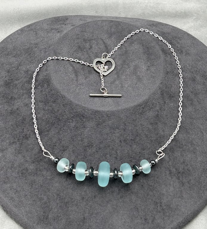 blue seaglass style lampwork glass disc necklace