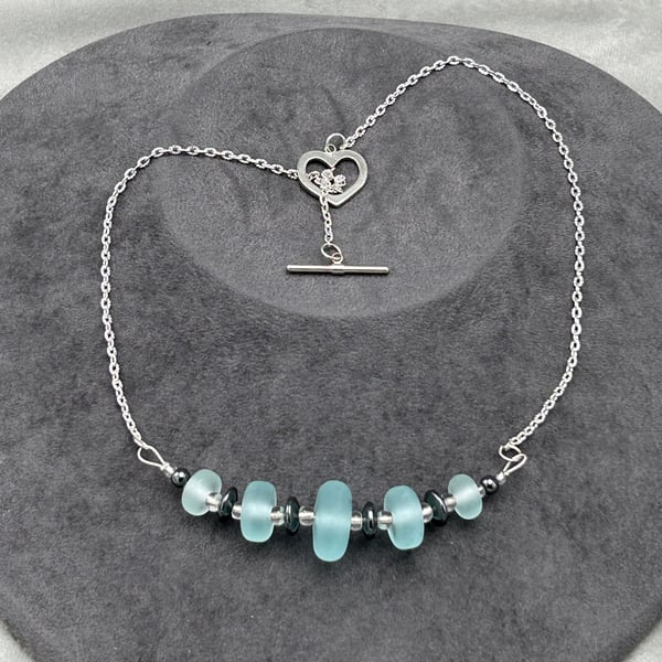 blue seaglass style lampwork glass disc necklace