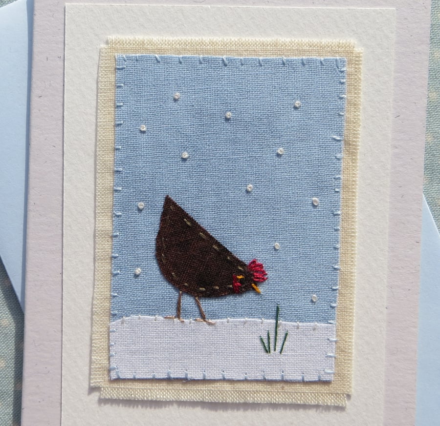 Little Hen in Snow - hand-stitched miniature on recycled card for any occasion