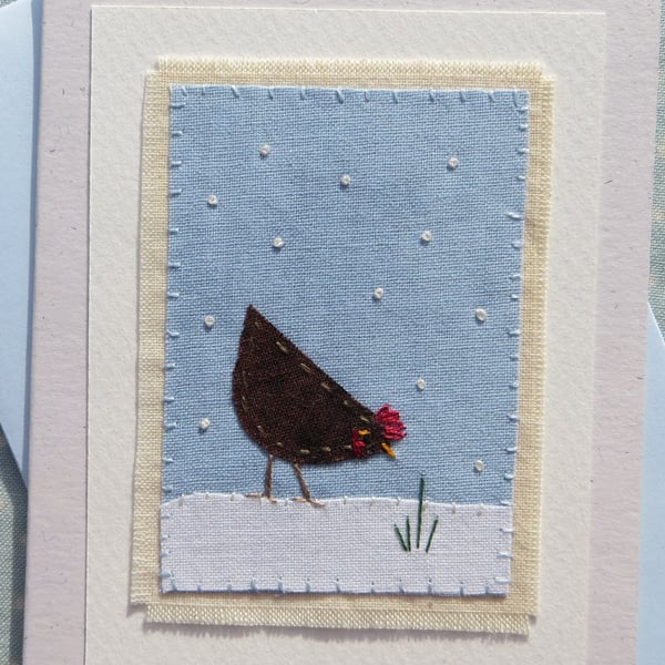 Little Hen in Snow - hand-stitched miniature on recycled card for any occasion