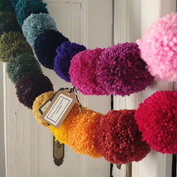 Wool Pompom Garland, Rainbow Colours, Eclectic Bohemian Interiors, Maximalism 