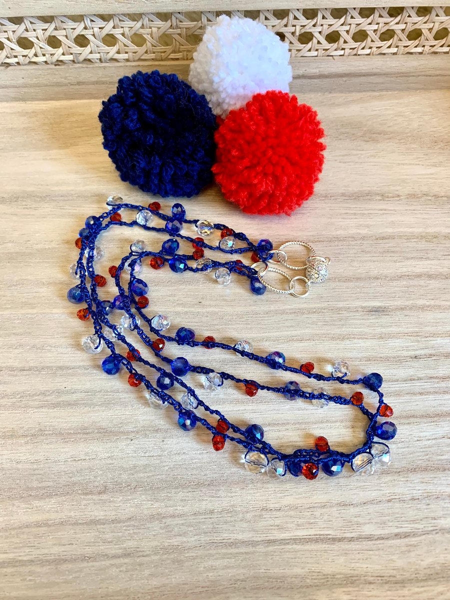 Red, White & Blue Crocheted Crystal Necklace 