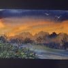 aceo SFA original watercolour painting sunset landscape