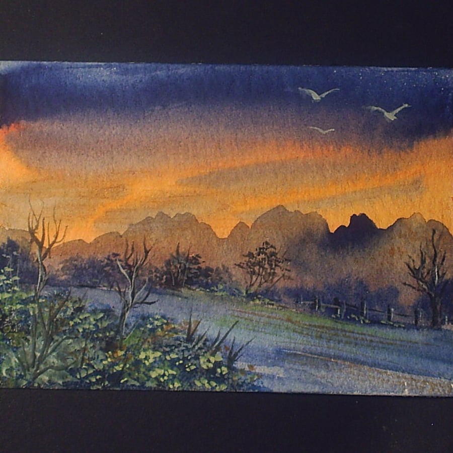 aceo SFA original watercolour painting sunset landscape
