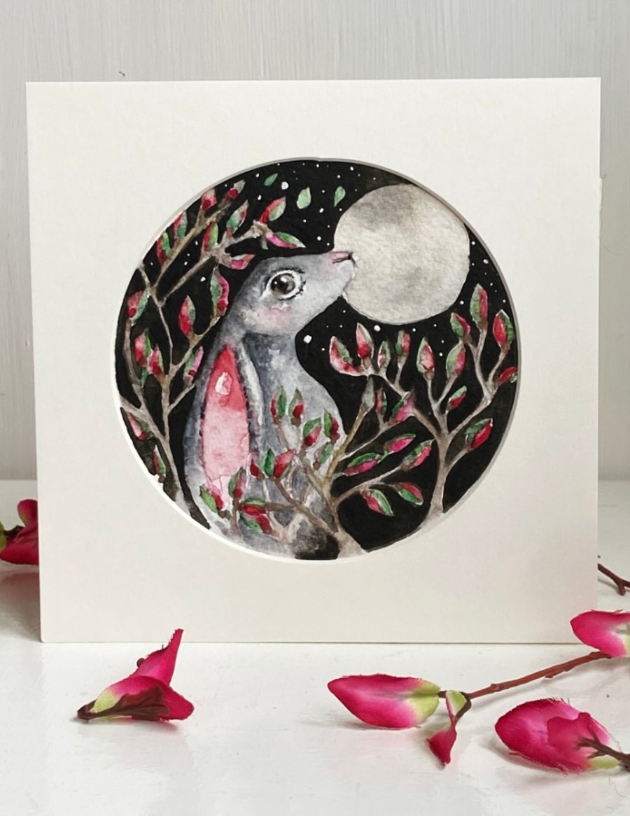 Original Moon Gazing Hare Rabbit Watercolour 