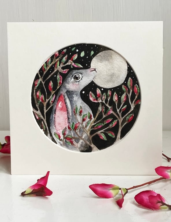 Original Moon Gazing Hare Rabbit Watercolour 