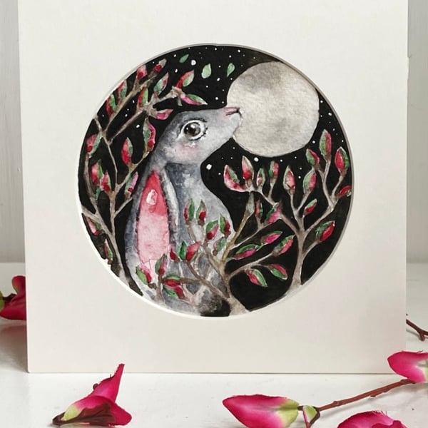 Original Moon Gazing Hare Rabbit Watercolour 