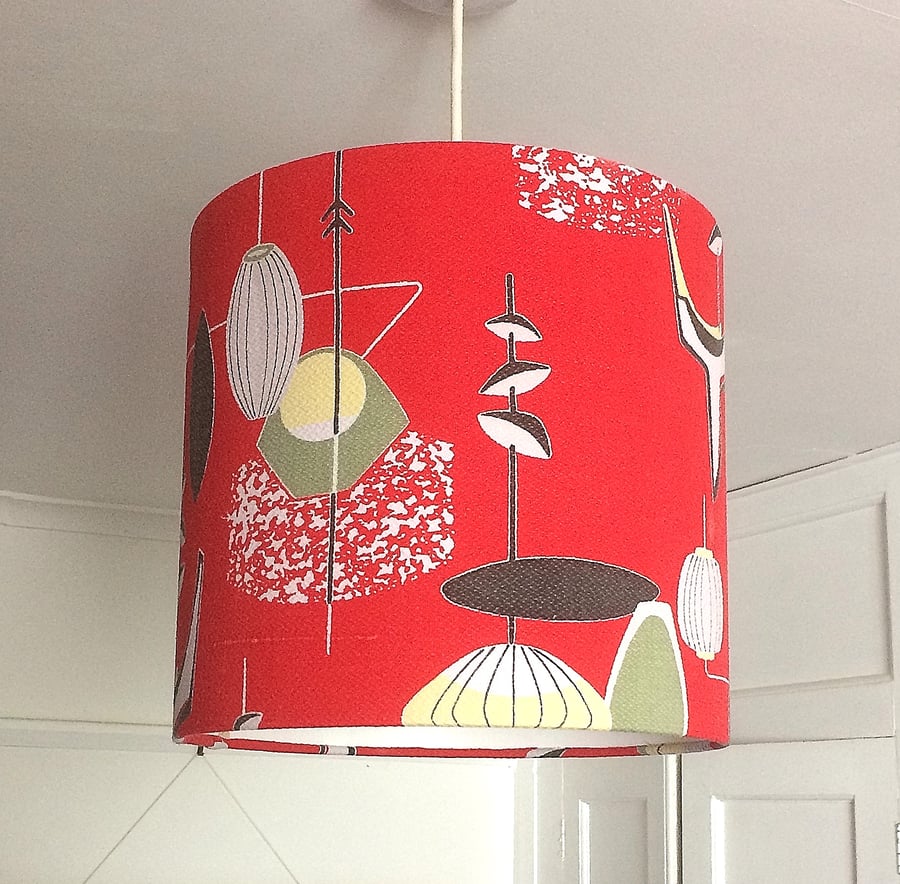 An Iconic Mid Century ATOMIC  RED 50s  Barkcloth Vintage Fabric Lampshade