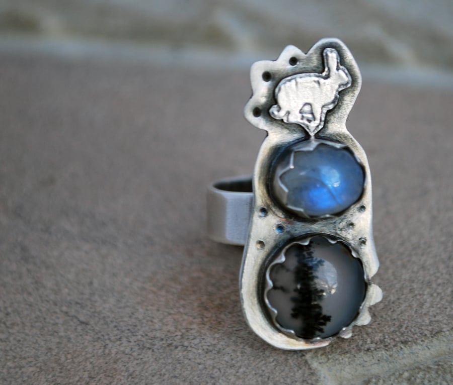 Sterling Silver Hare Ring, Rabbit Ring with moonstone and Dendritic Agate