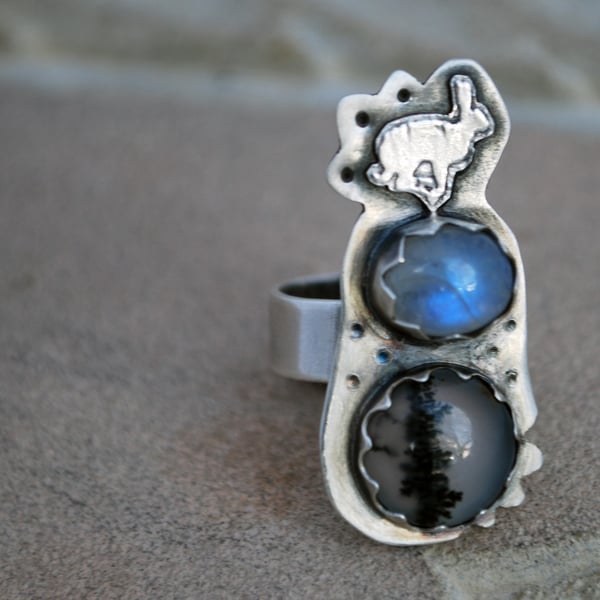 Sterling Silver Hare Ring, Rabbit Ring with moonstone and Dendritic Agate