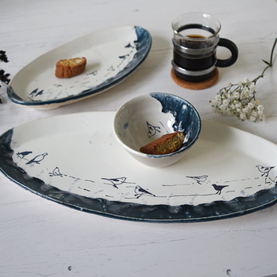 Birds on a wire oval plate - handmade stoneware pottery